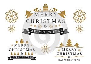 Merry Christmas label set for greeting card design. Vintage Xmas and Happy New Year logo or badge collection. Winter holidays